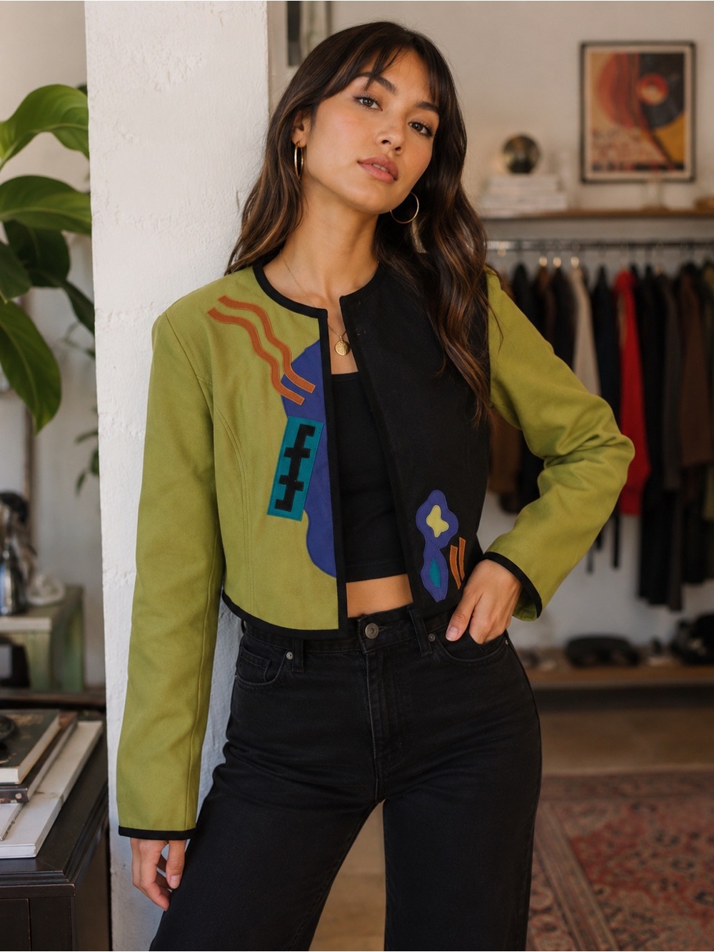 Vintage Beppa 100% Pure Wool Colorblock Abstract Cropped Jacket Size M